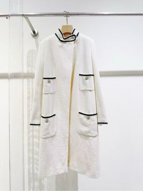 CHANEL White Bouclé Longline Coat with Black Trim
